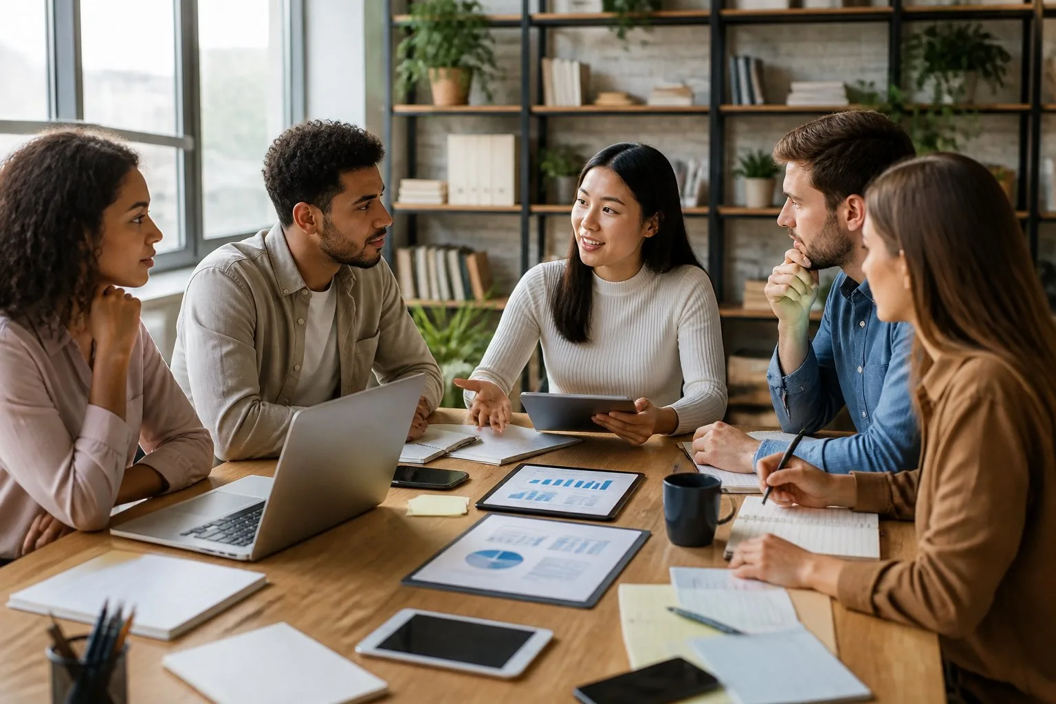 Un groupe de professionnels discutant autour d'une table dans un bureau lumineux avec des ordinateurs et des documents.