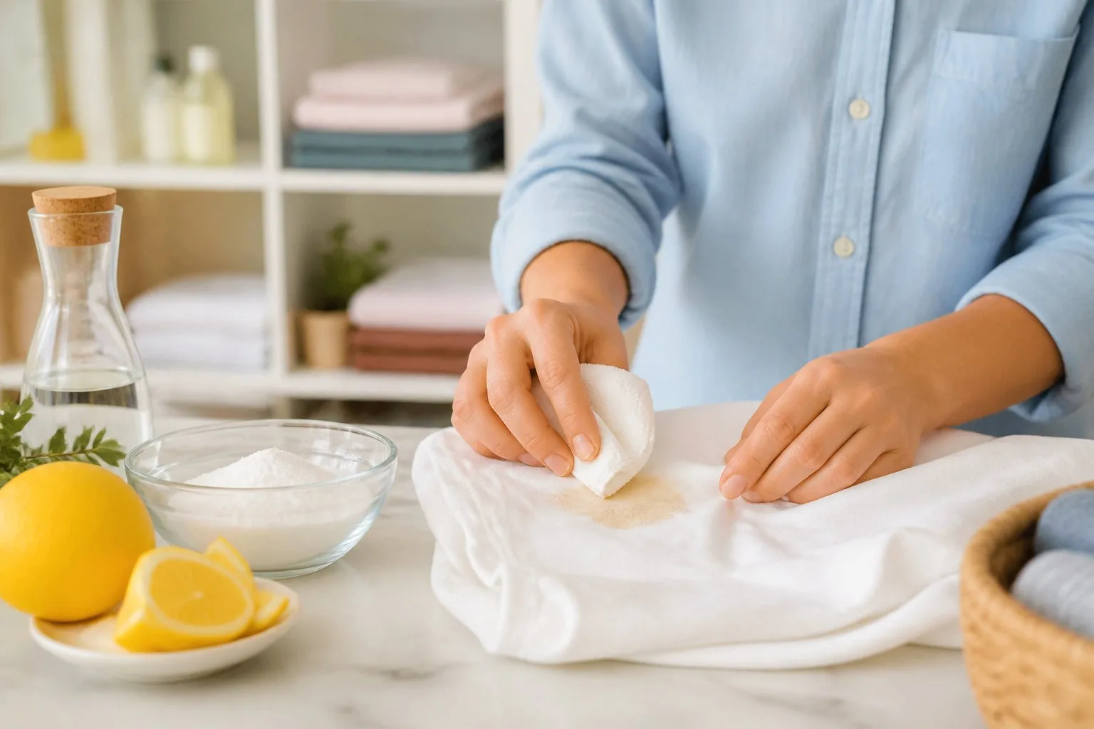 Des mains appliquant un détachant naturel sur une tache fraîche sur un tissu dans un environnement domestique organisé.