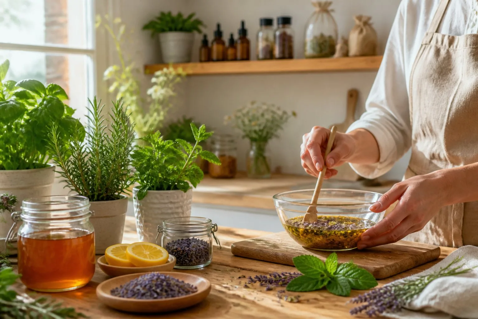 Une cuisine lumineuse avec des herbes fraîches, des bocaux de produits naturels et des mains préparant un remède maison sur un plan de travail en bois.