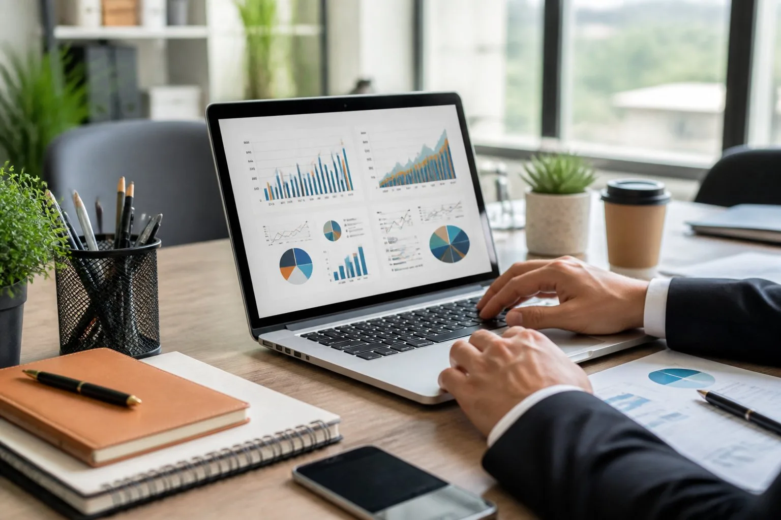 Un espace de travail moderne avec un ordinateur portable affichant des graphiques, des mains en train de taper, et des fournitures de bureau sur une table dans un bureau lumineux.