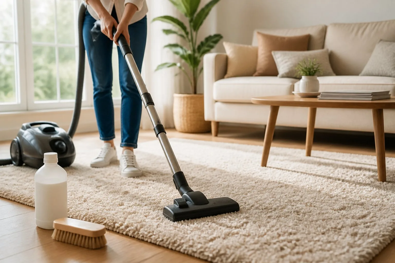 Personne passant l'aspirateur sur un tapis clair dans un salon lumineux et soigné.