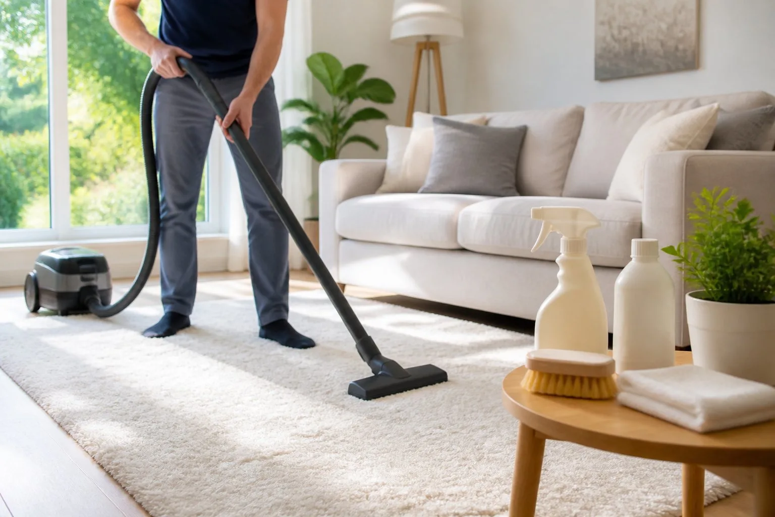Personne passant l'aspirateur sur un tapis dans un salon lumineux avec des produits de nettoyage à proximité.