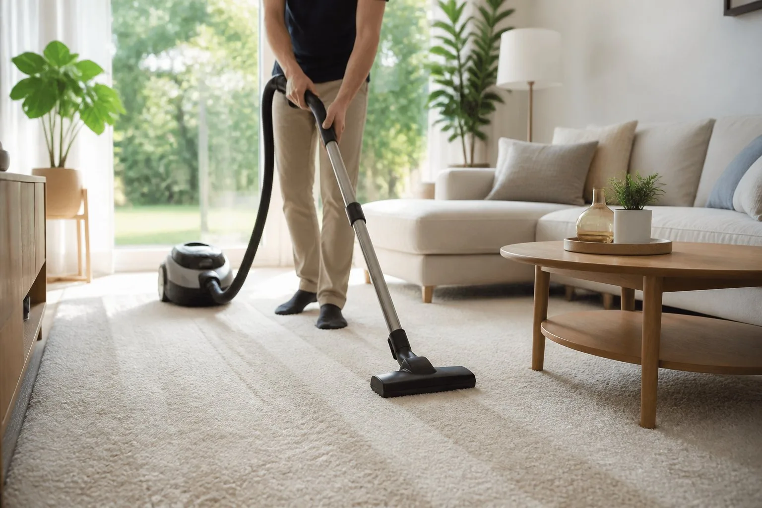 Une personne passe l'aspirateur sur un tapis clair dans un salon lumineux et propre.