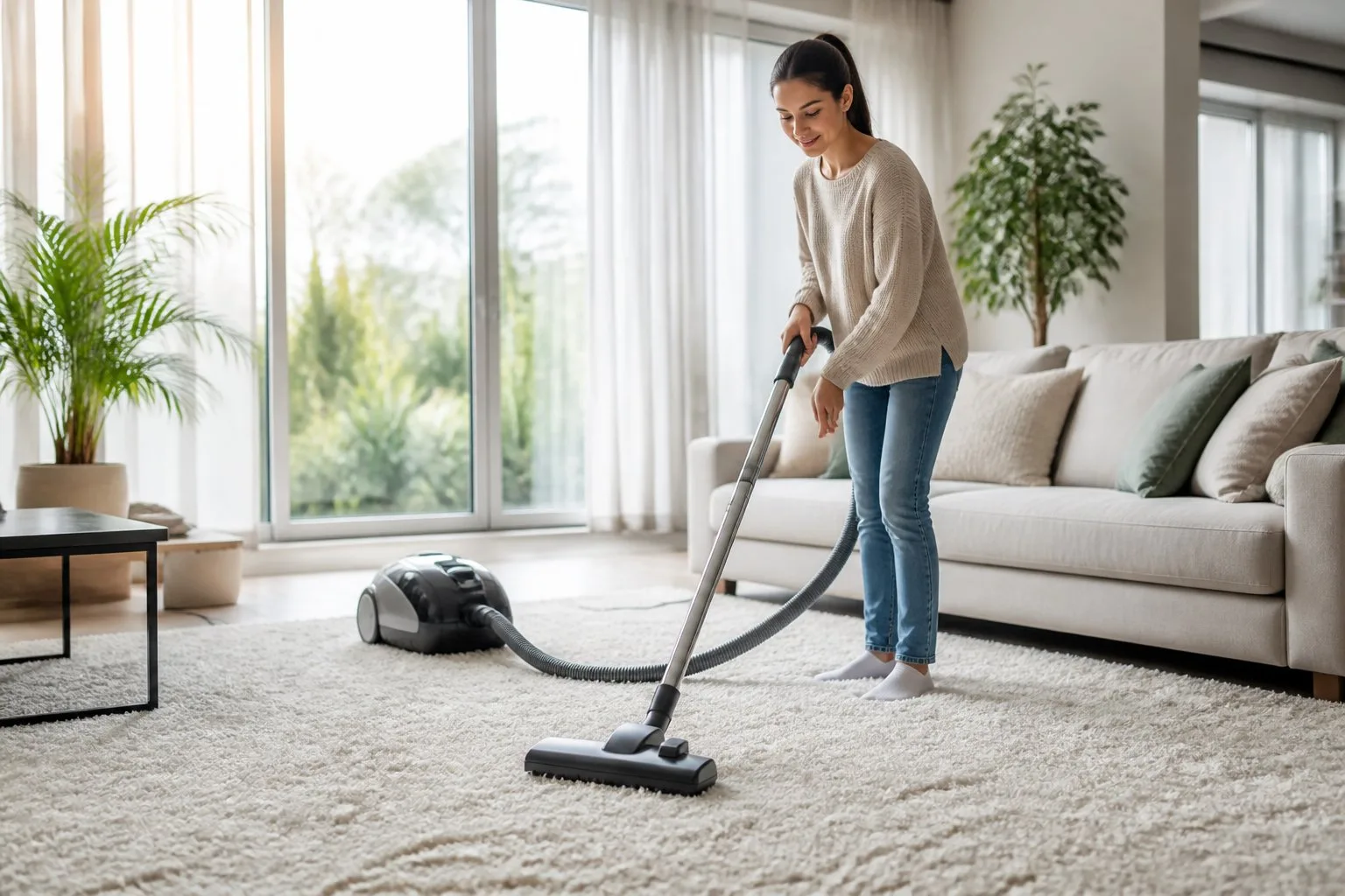 Une personne passe l'aspirateur sur un tapis dans un salon moderne et lumineux.