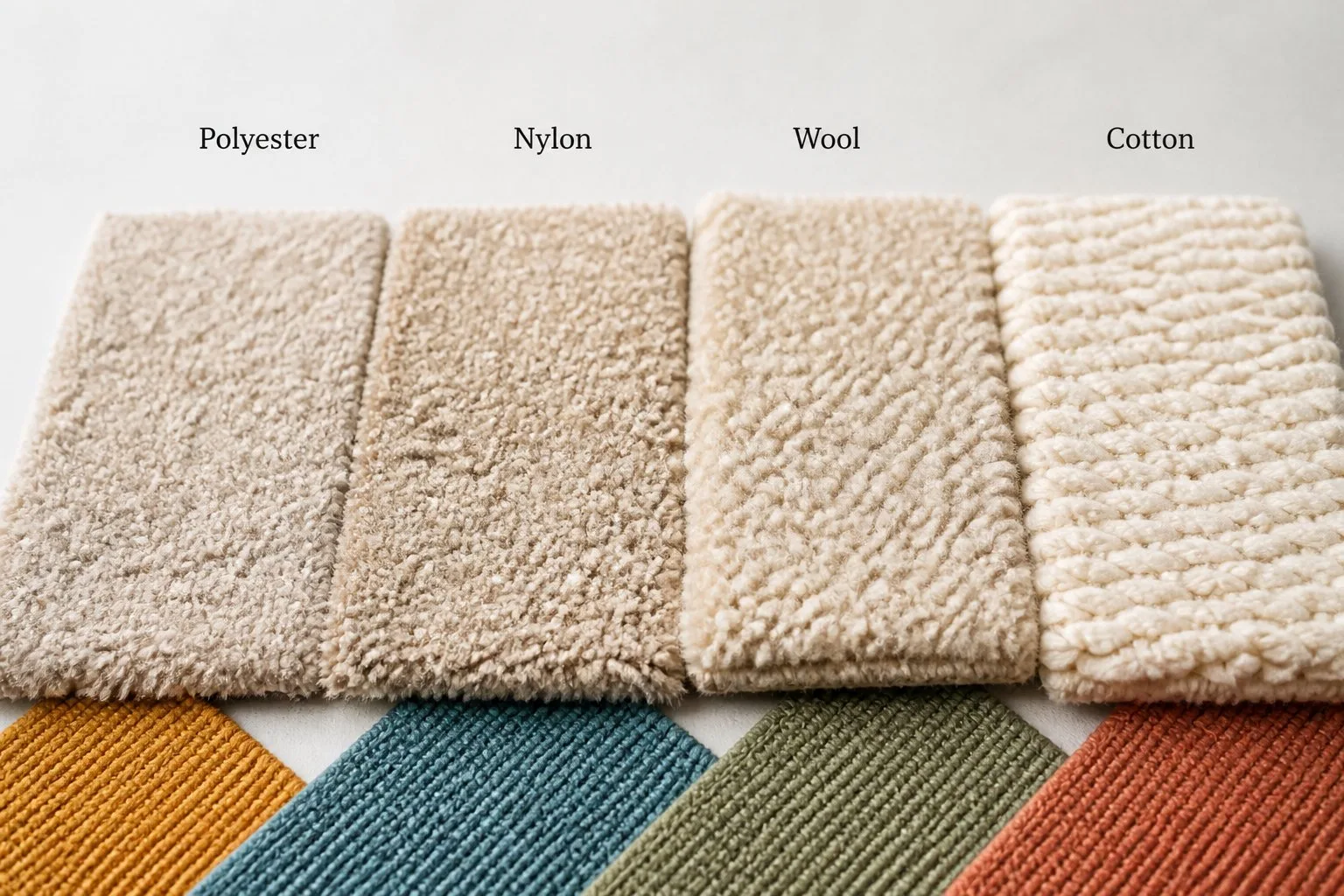 Comparaison rapprochée de différents échantillons de fibres de tissu pour tapis, incluant le polyester et le coton.