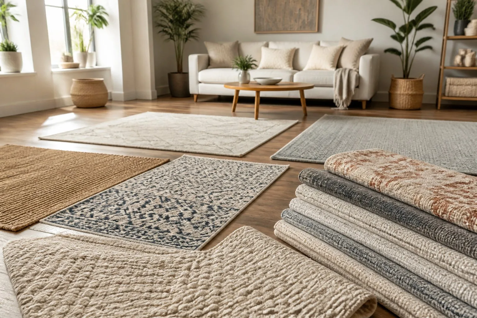 Plusieurs tapis en polyester et coton exposés dans un intérieur moderne avec un sol en bois et des plantes d'intérieur.