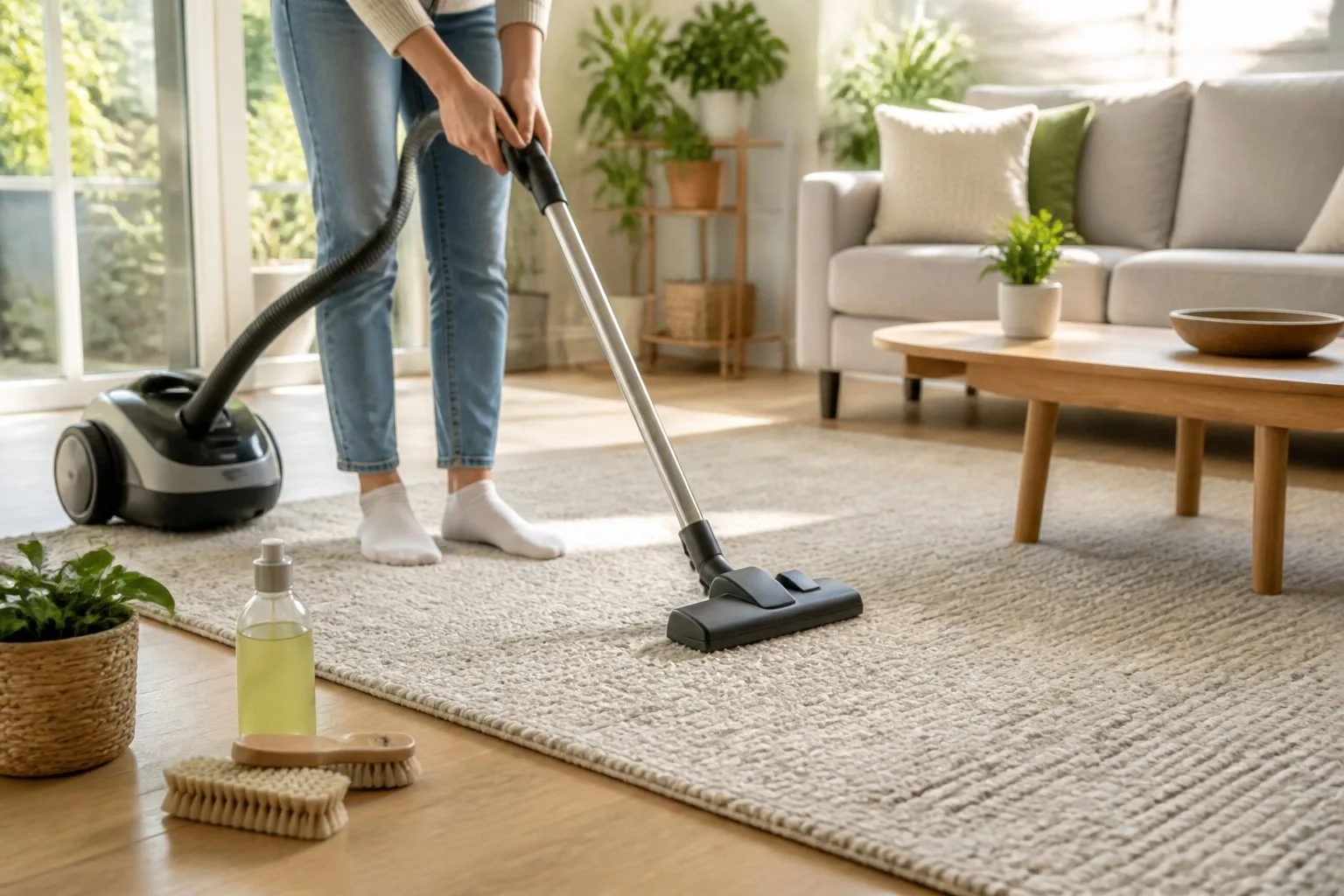 Personne en train de passer l'aspirateur sur un tapis dans un salon lumineux avec des meubles modernes.