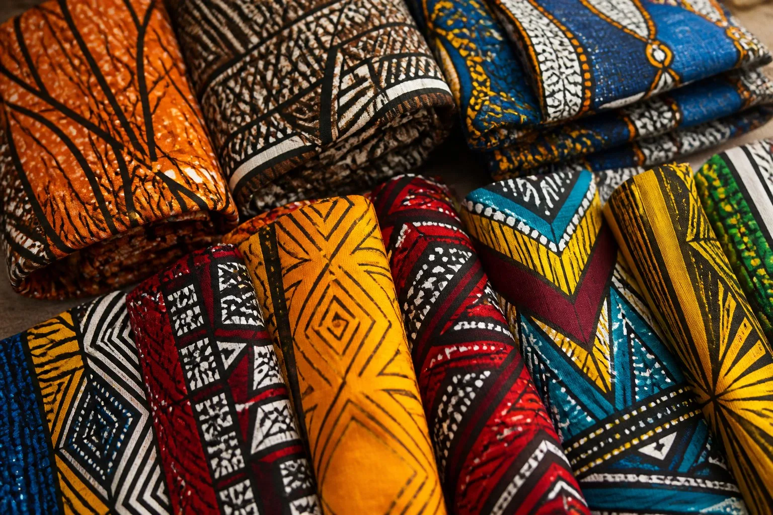 Une collection colorée de tissus africains avec des motifs traditionnels géométriques et des couleurs vives.