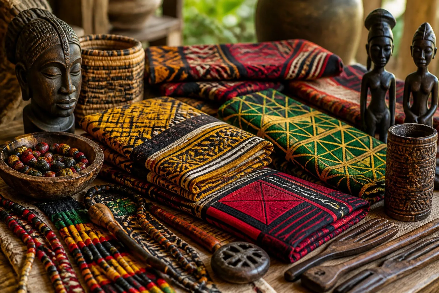 Une table en bois avec des tissus africains colorés présentant des motifs traditionnels, entourée d'objets artisanaux et culturels.