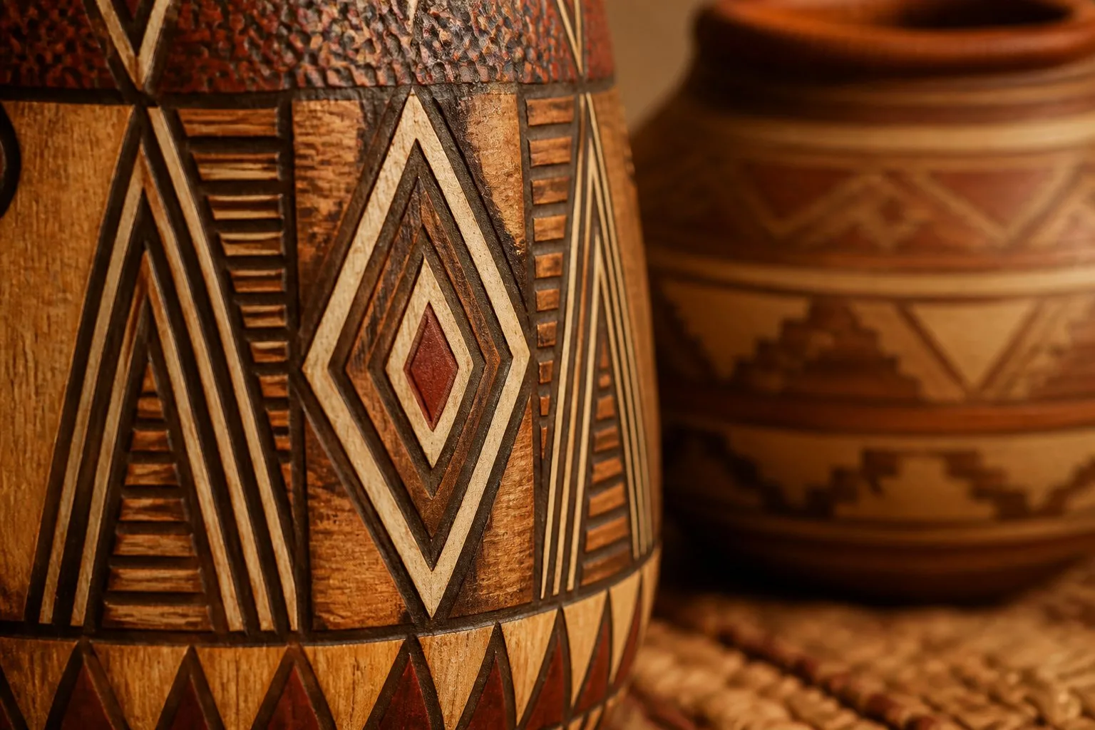 Gros plan sur des motifs tribaux traditionnels peints ou gravés sur des matériaux naturels avec des couleurs chaudes et des détails visibles.