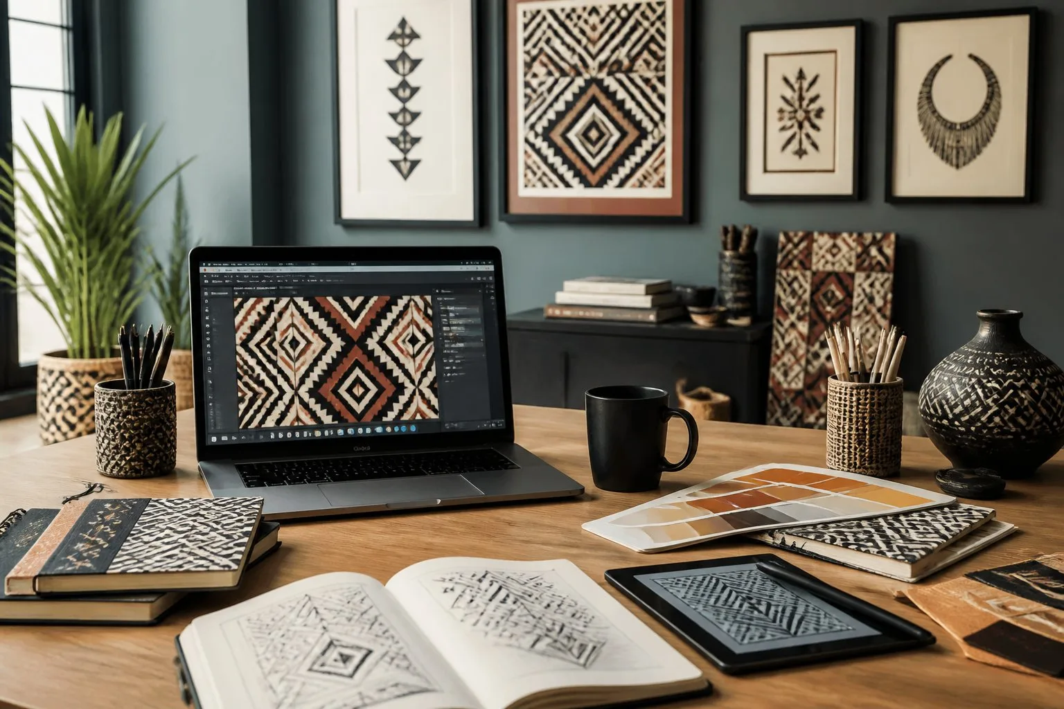 Un espace de travail moderne avec des motifs tribaux affichés sur un ordinateur portable et des dessins sur des carnets, entouré d'outils de création.