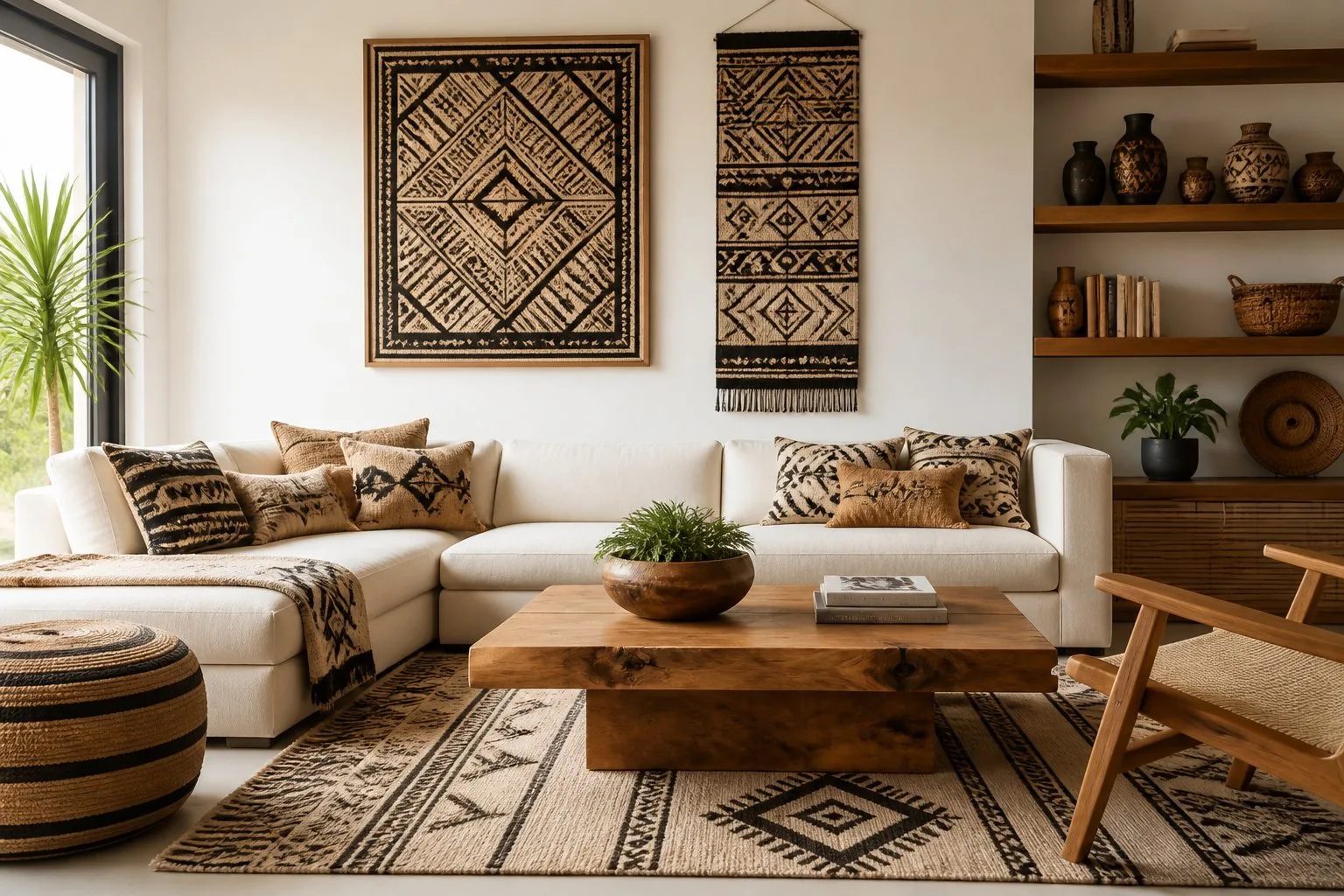 Un salon moderne avec des coussins, tapis et décorations murales aux motifs tribaux, baigné de lumière naturelle.