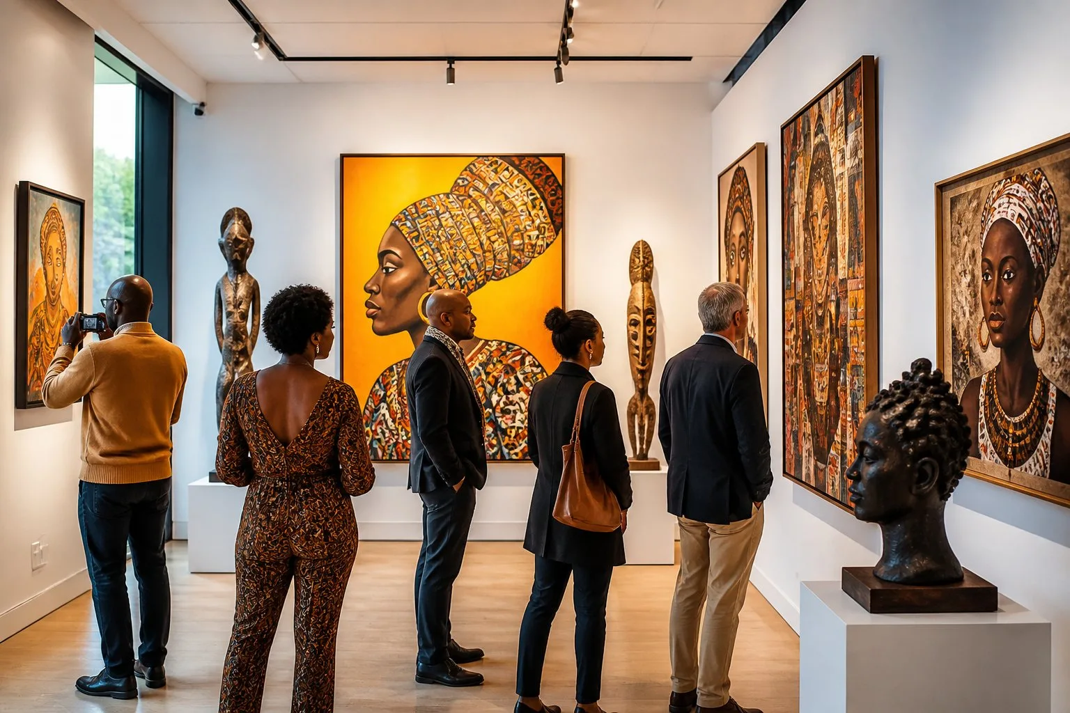 Intérieur d'une galerie d'art avec des œuvres africaines colorées exposées et des visiteurs observant attentivement.