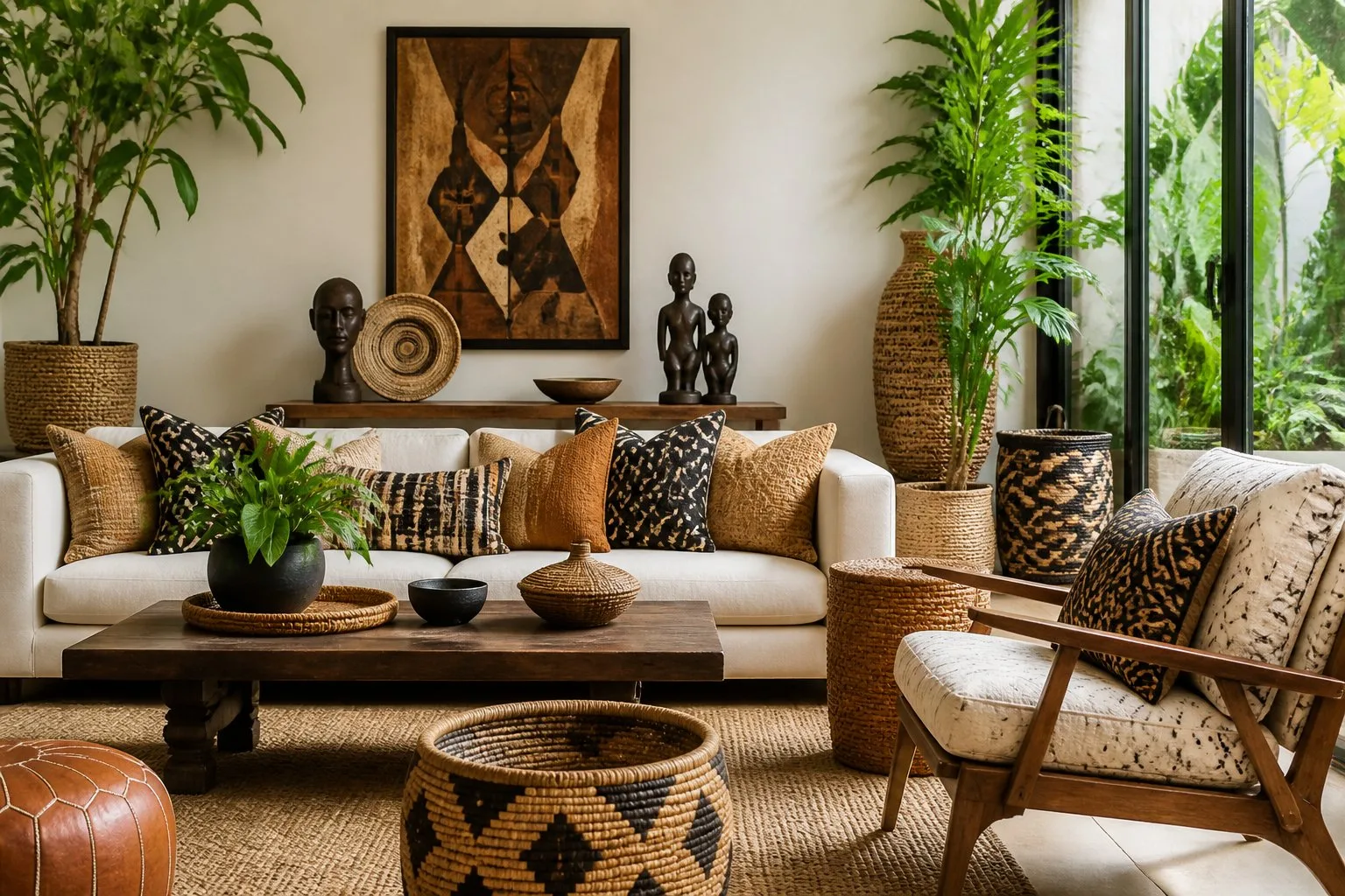 Un salon moderne avec des textiles africains colorés, des paniers tissés, des sculptures en bois et des plantes, éclairé par une grande fenêtre.