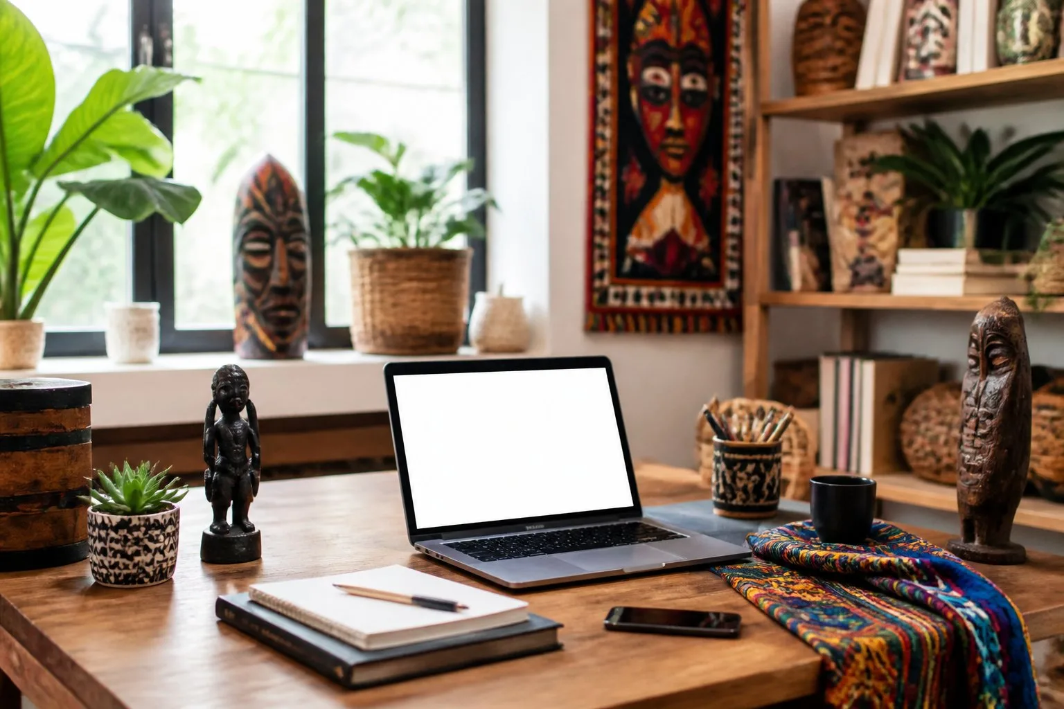 Un espace de travail lumineux avec un bureau, un ordinateur portable et des objets d'art africain décoratifs.