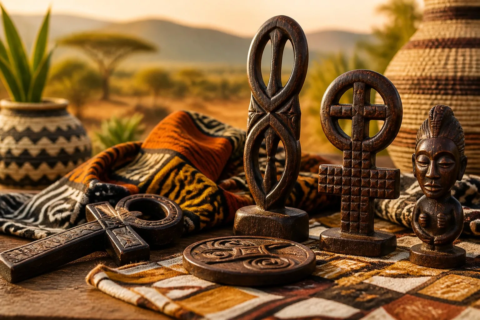 Des symboles africains en bois sculpté posés sur une table en bois avec des textiles traditionnels colorés en arrière-plan.