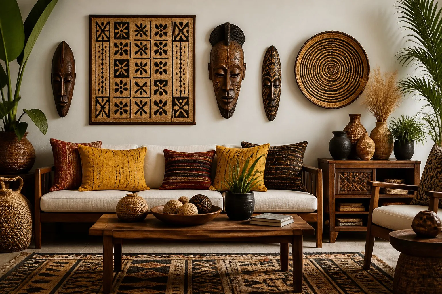 Intérieur décoré avec des symboles africains traditionnels et des éléments de décoration artisanale.