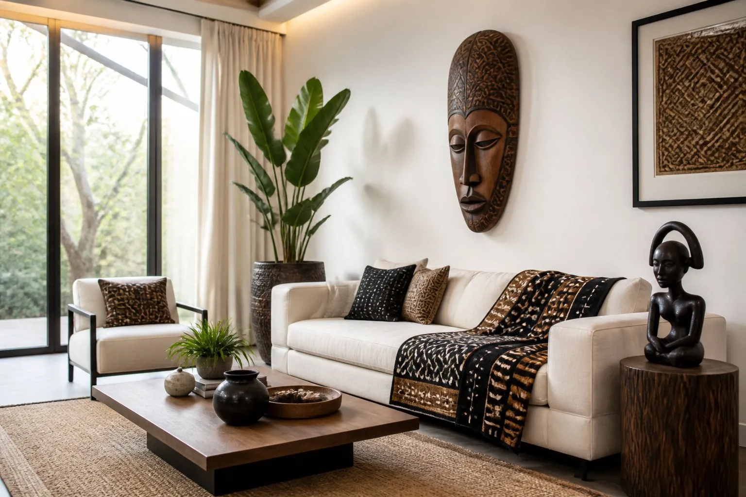 Un salon moderne avec des symboles africains intégrés dans la décoration, comprenant un masque en bois, un textile à motifs africains et une sculpture sur une table.