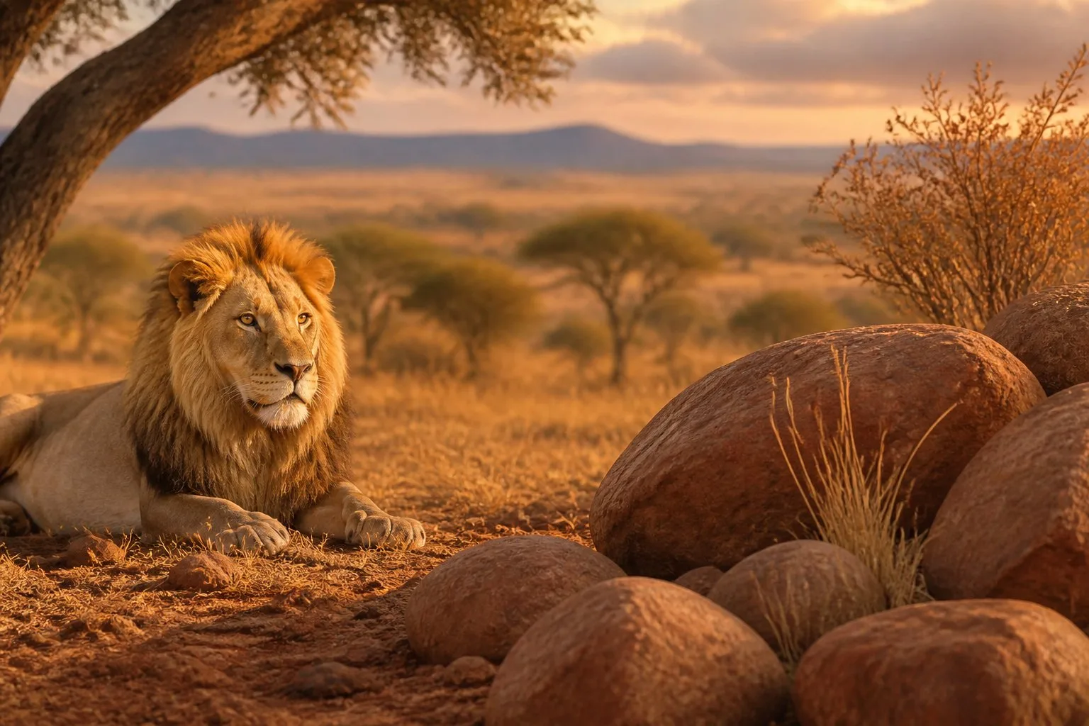 Une composition de couleurs chaudes et naturelles inspirées de la savane avec des herbes sèches, de l'écorce d'arbre, des pierres et des textures animales.