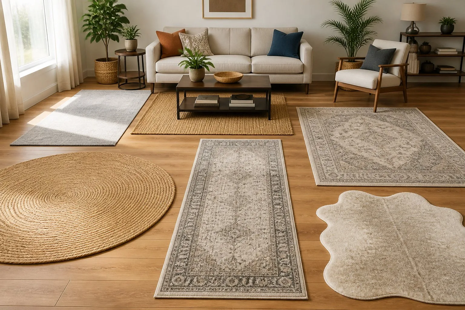 Salon moderne avec plusieurs tapis de différentes tailles et formes posés sur un sol en bois, entouré de meubles et de plantes.