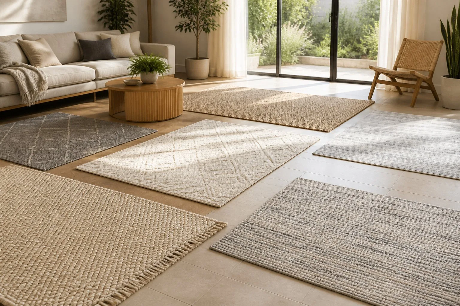 Salon moderne avec plusieurs tapis de différentes matières posés sur le sol, éclairé par la lumière naturelle.