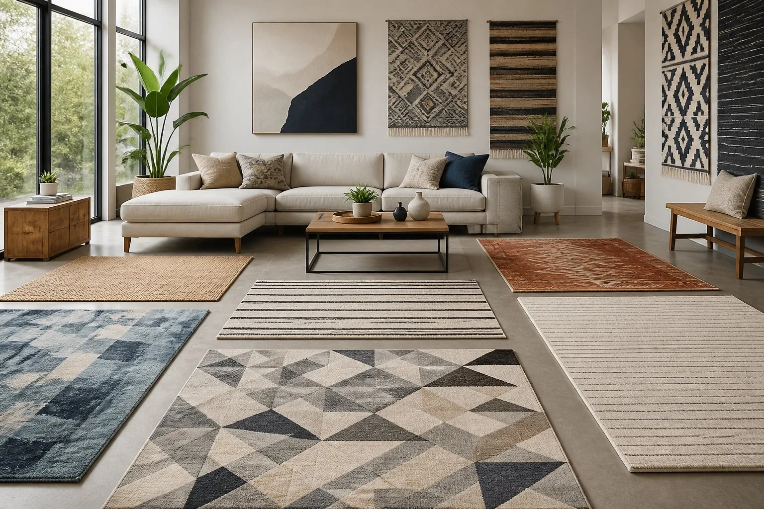 Salon moderne avec plusieurs tapis colorés et à motifs différents sur le sol, entouré de meubles et plantes.