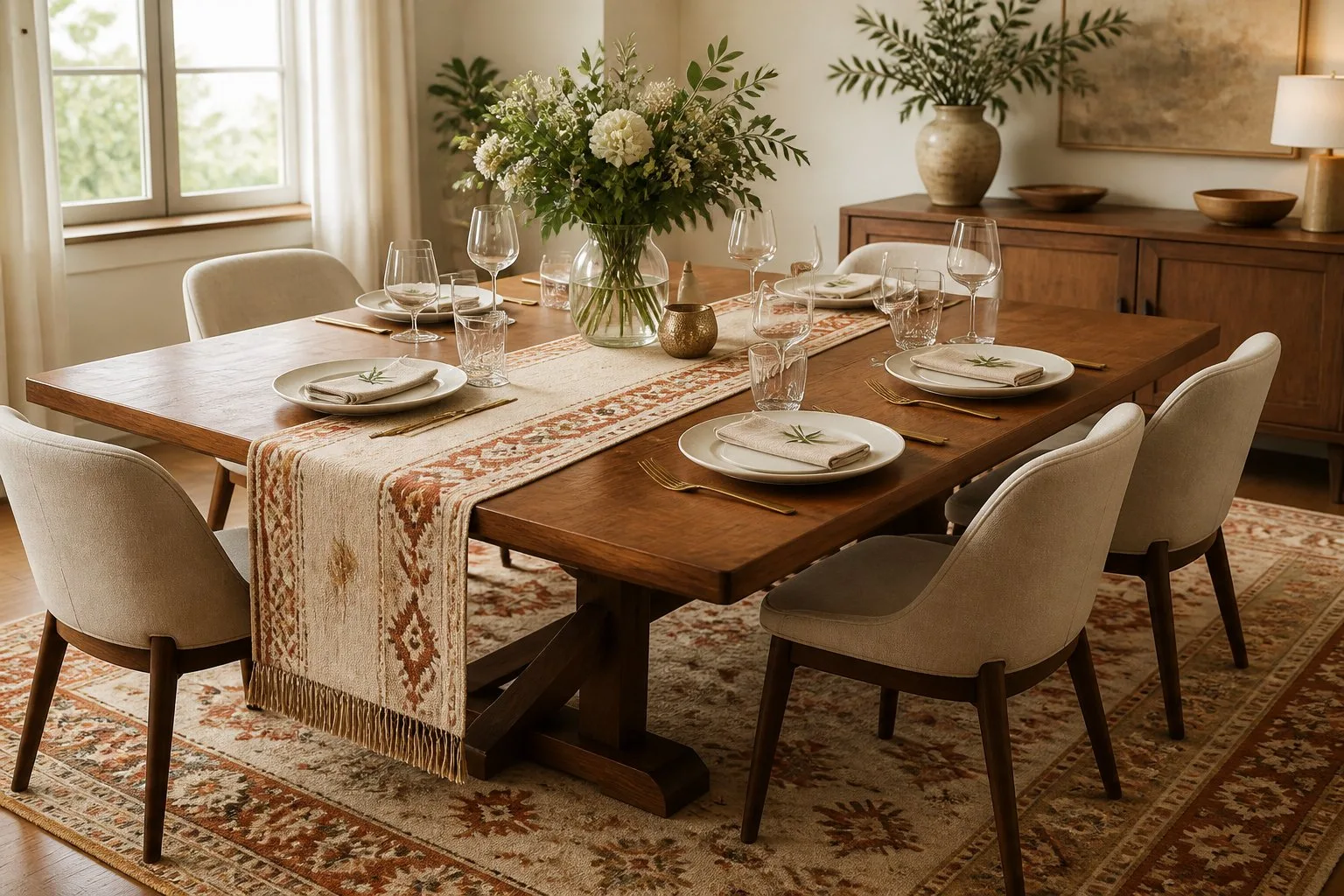 Une salle à manger lumineuse avec une table en bois décorée d'un chemin de table et un tapis assorti en dessous.