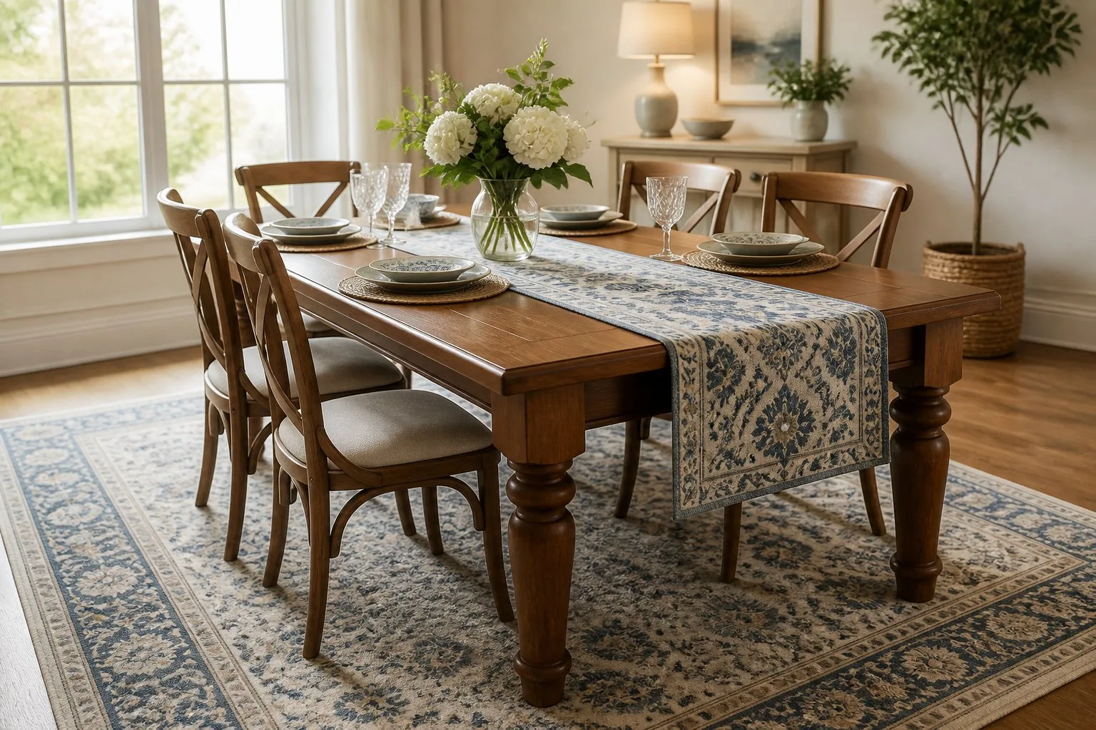 Salle à manger lumineuse avec une table en bois décorée d'un chemin de table et d'un tapis assorti au sol.