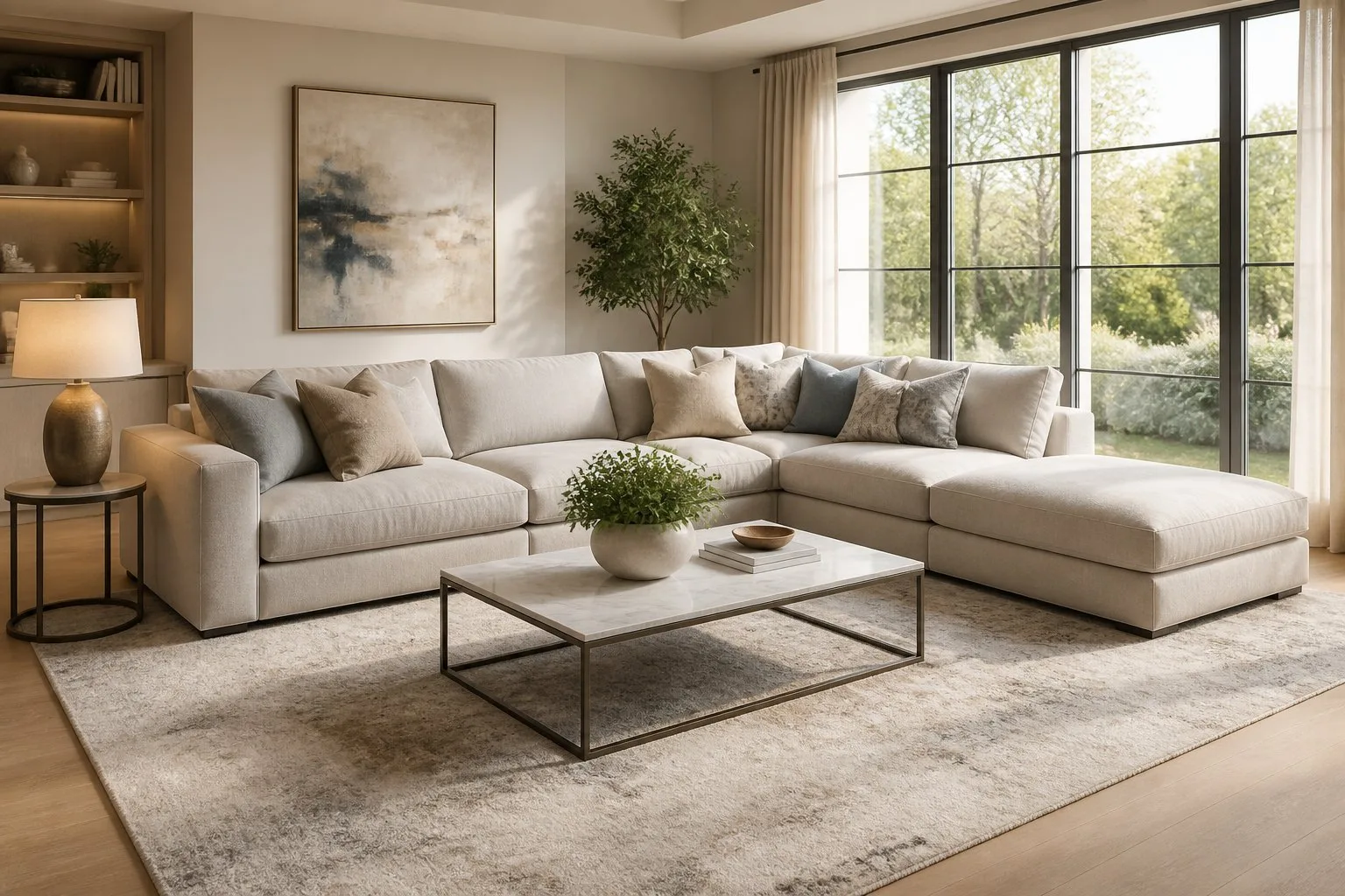Un salon lumineux avec un canapé et un tapis aux couleurs assorties, décoré avec des coussins et une table basse, baigné de lumière naturelle.