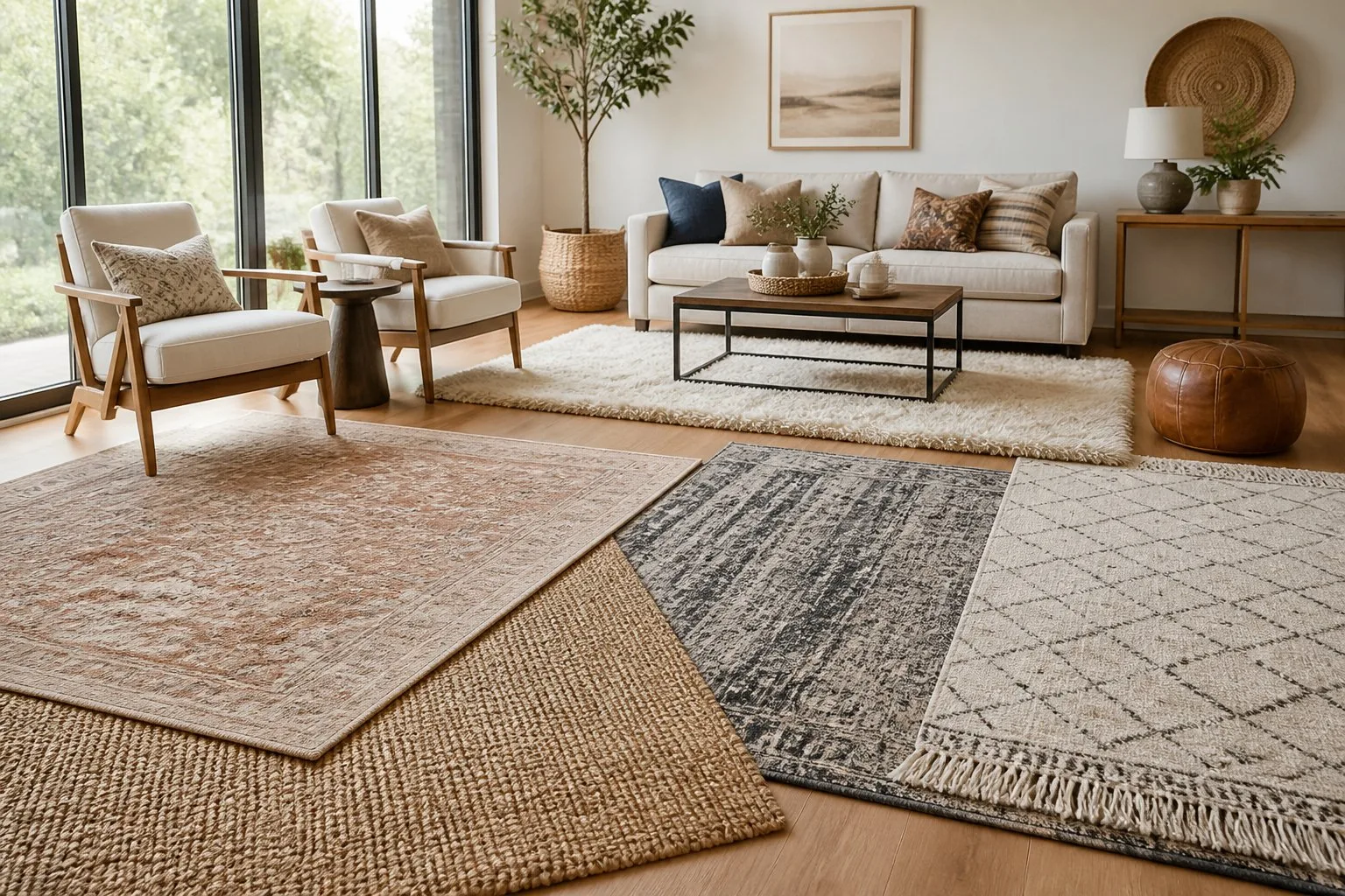 Salon avec plusieurs tapis posés sur le sol et un coin salon lumineux.