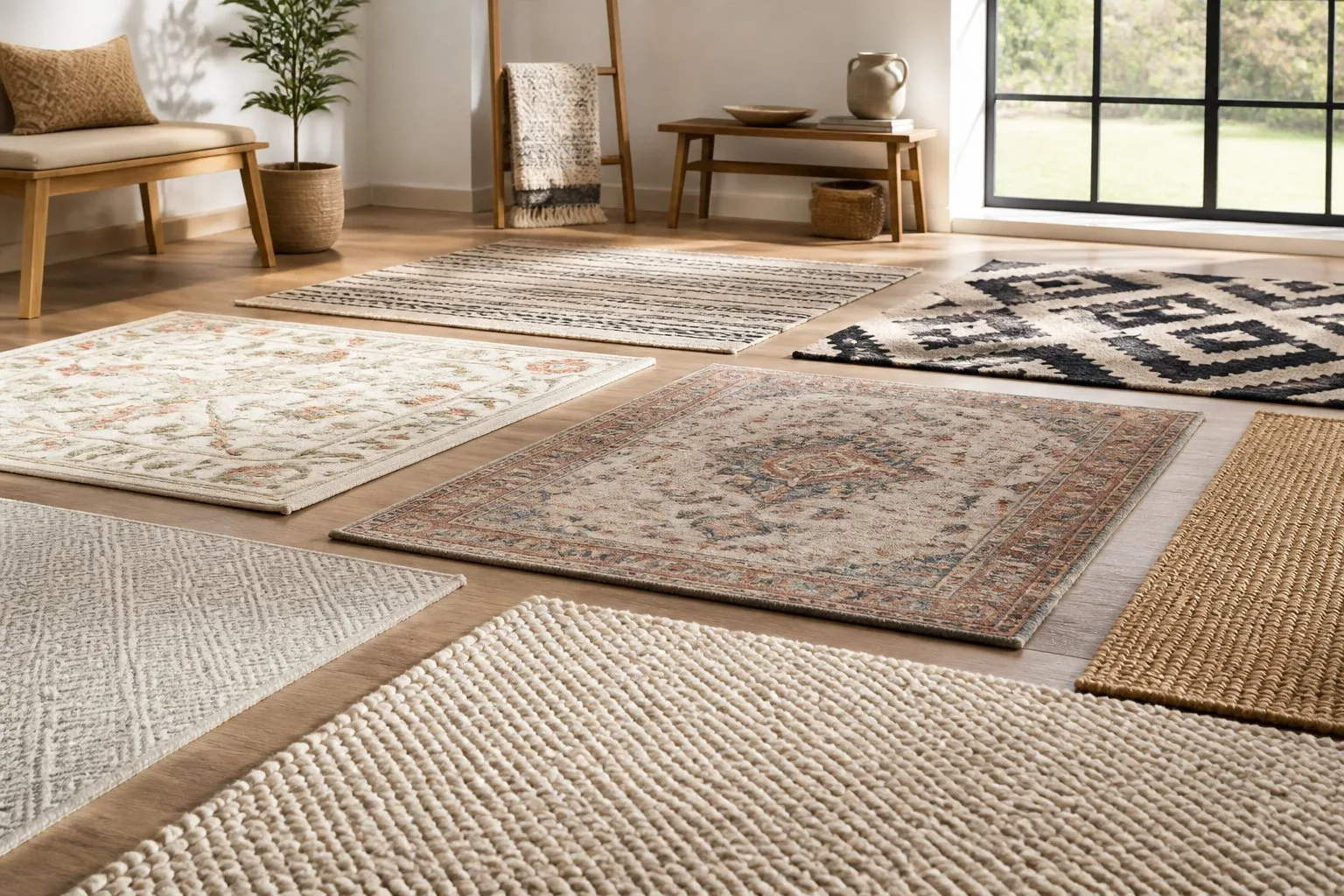 Plusieurs tapis aux textures et motifs variés exposés dans une pièce lumineuse avec un sol en bois et des meubles minimalistes.