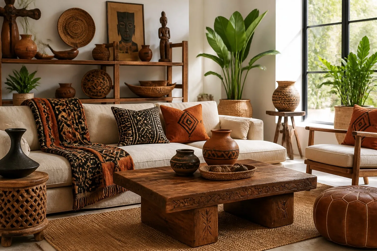 Salon lumineux décoré avec des éléments africains traditionnels, comprenant des textiles colorés, des meubles en bois sculpté, des paniers tressés et des plantes vertes.