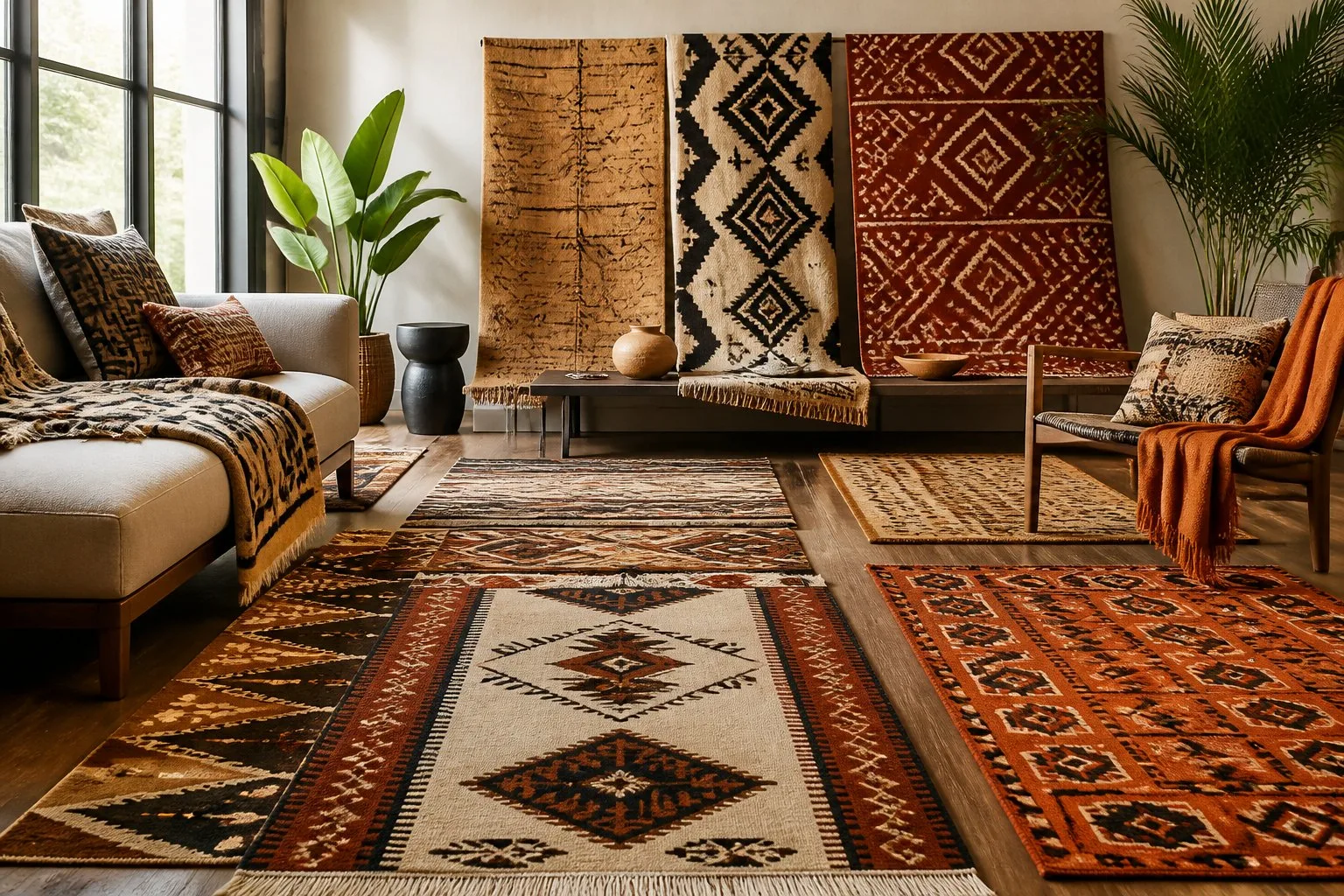 Une pièce lumineuse avec plusieurs tapis africains colorés exposés sur le sol et des meubles modernes.