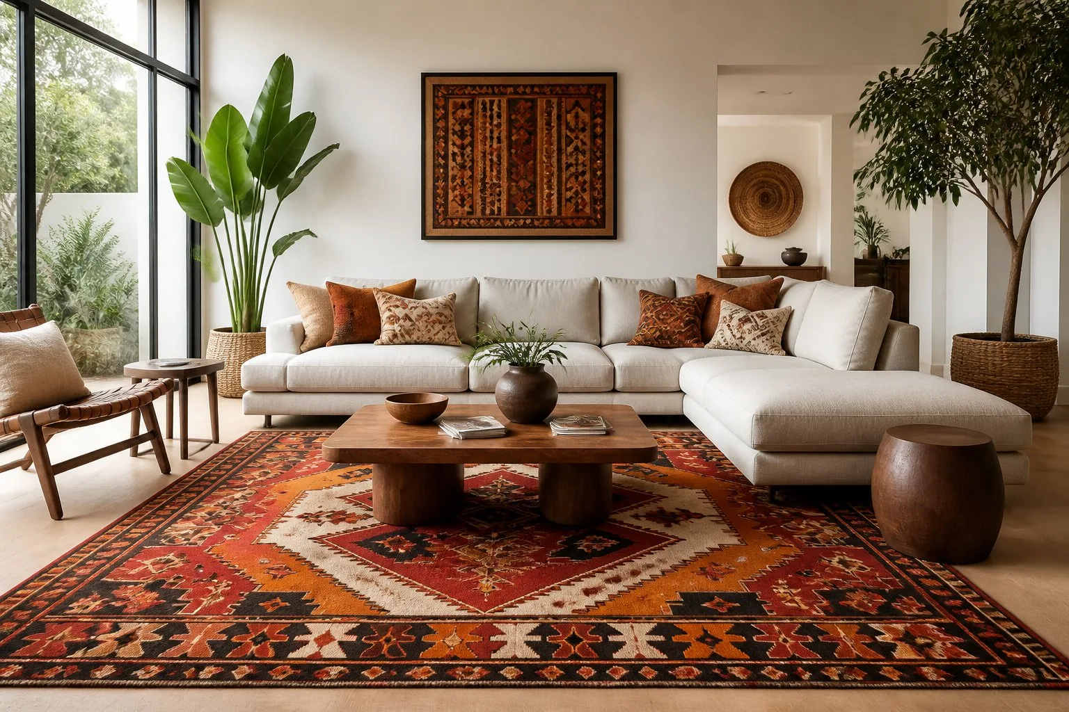 Un salon lumineux avec un tapis africain coloré au centre, entouré de meubles modernes et de plantes vertes.