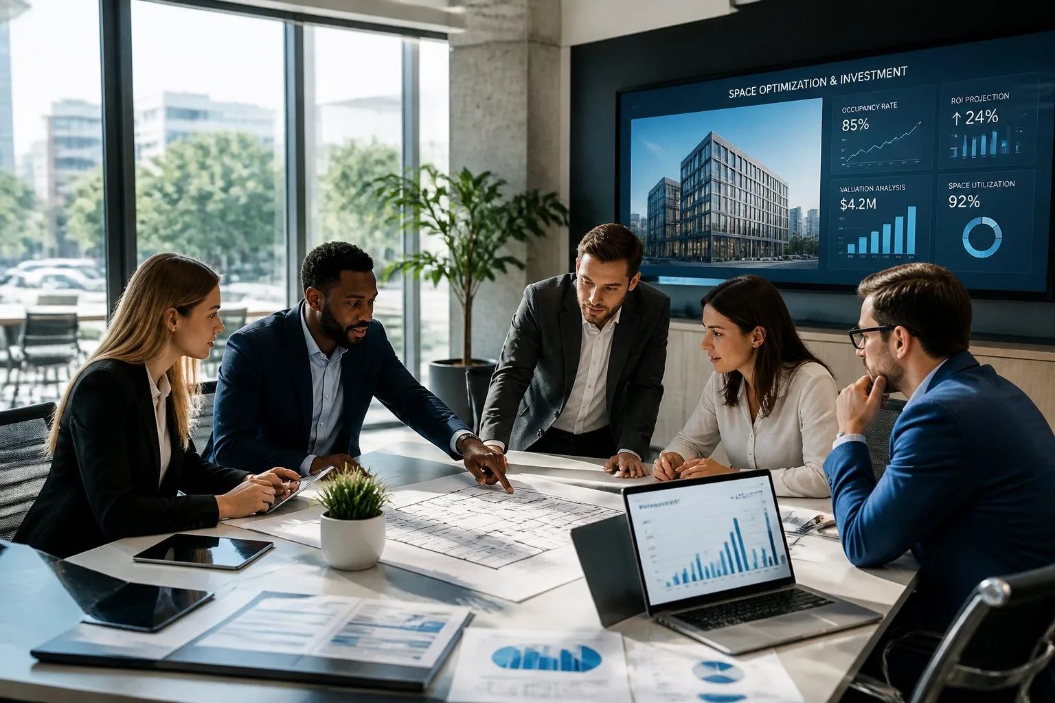 Des professionnels en réunion dans un bureau moderne avec des plans et des graphiques sur une table, discutant de l'optimisation de l'espace.