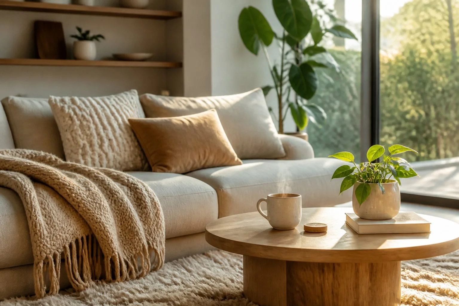 Un salon lumineux et confortable avec un canapé moelleux, une tasse de thé sur une table basse, et une plante verte, évoquant le confort et le bien-être au quotidien.