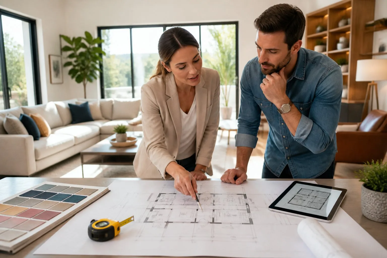Une consultation d'aménagement intérieur avec un designer et un client discutant d'un plan de pièce dans un salon moderne bien éclairé.