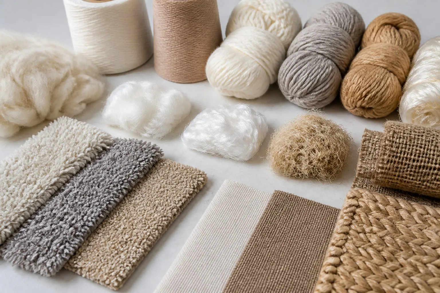Différents matériaux utilisés pour fabriquer des tapis, incluant de la laine, du coton, des fibres synthétiques et des fibres naturelles, disposés sur une surface claire.