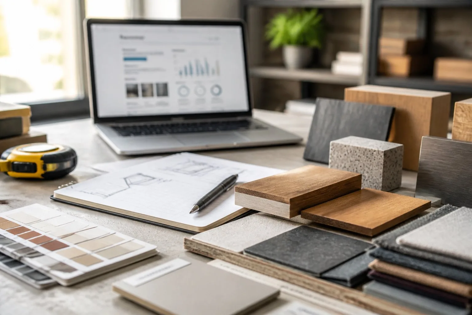 Un bureau moderne avec différents échantillons de matériaux de construction, des outils et un ordinateur portable en arrière-plan.