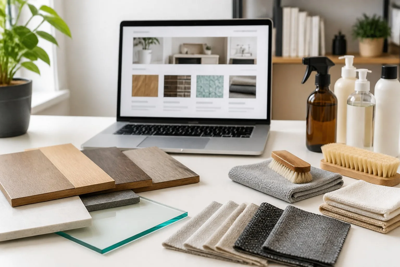 Un espace de travail avec différents matériaux et outils d'entretien disposés sur un bureau, avec un ordinateur portable en arrière-plan.