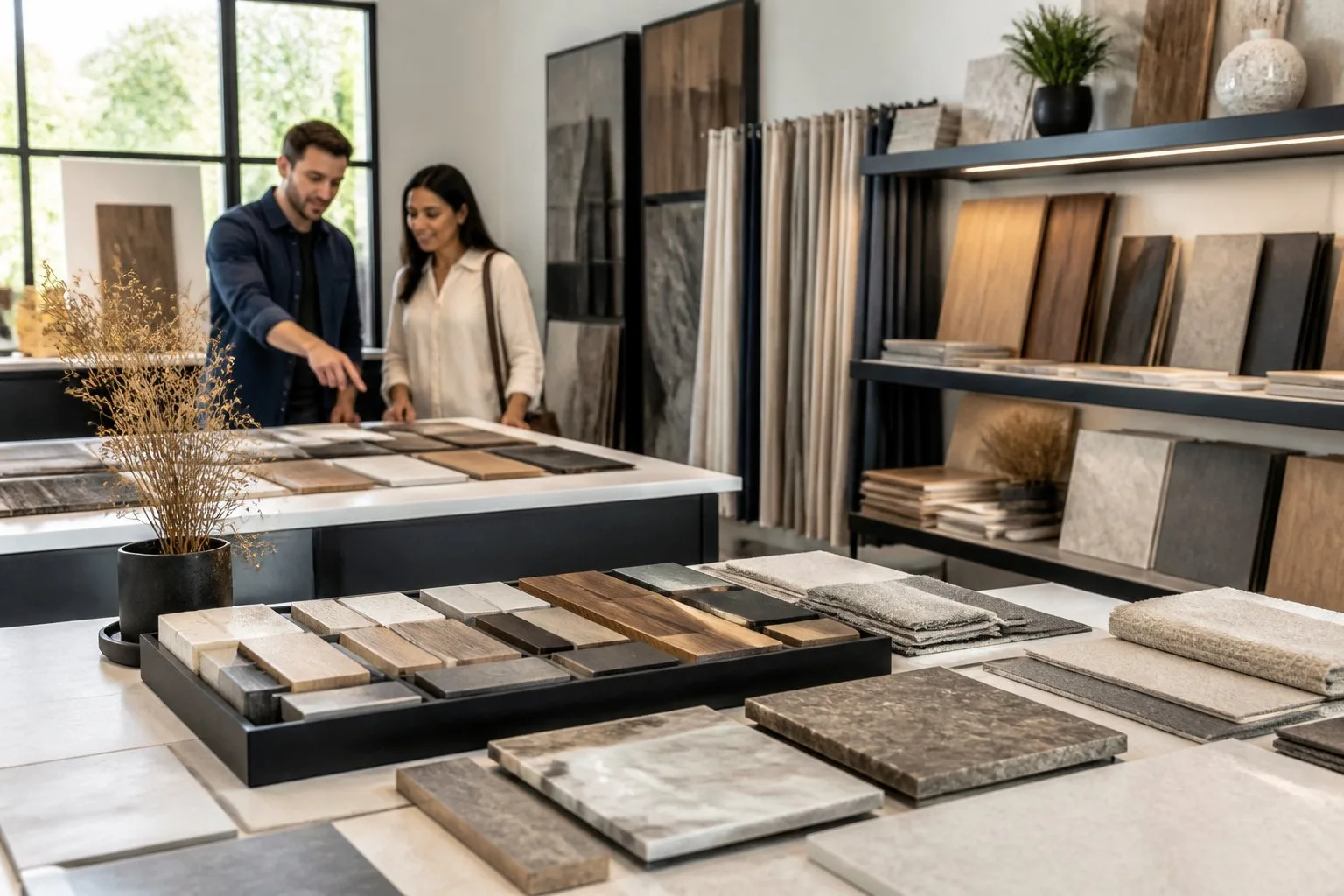Un showroom d'intérieur moderne avec des échantillons de matériaux variés et deux personnes discutant des choix.