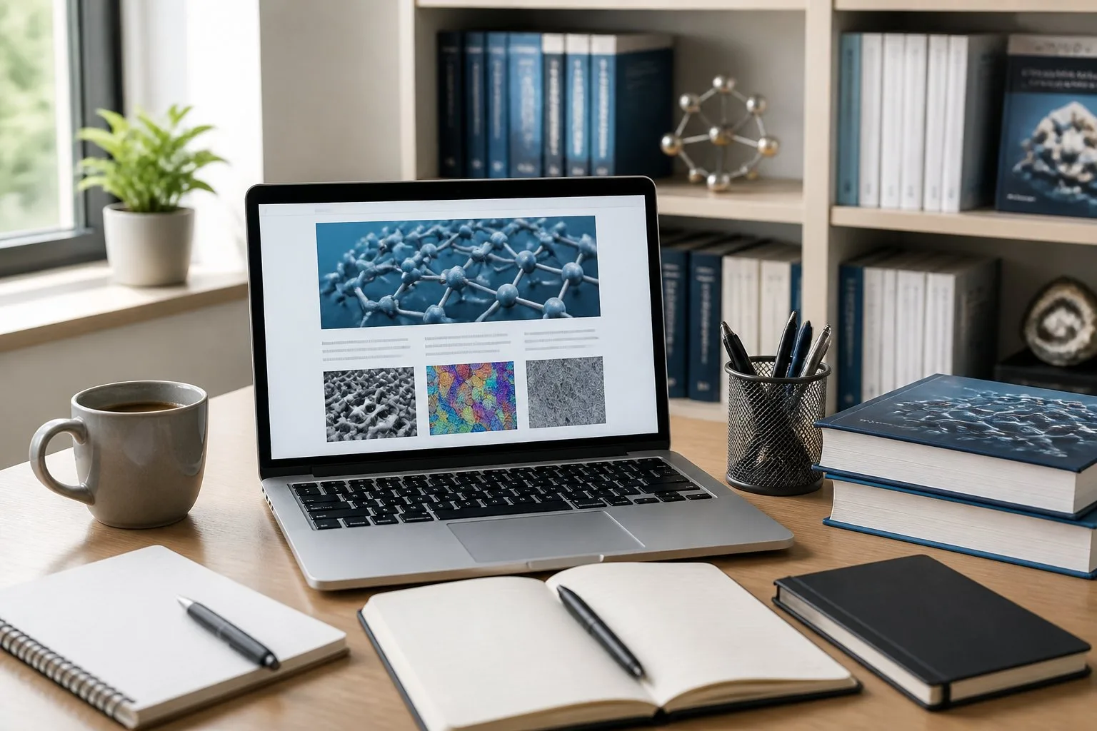 Un espace de travail moderne avec un ordinateur portable, des cahiers, un stylo et une tasse de café, entouré de livres sur les matériaux.