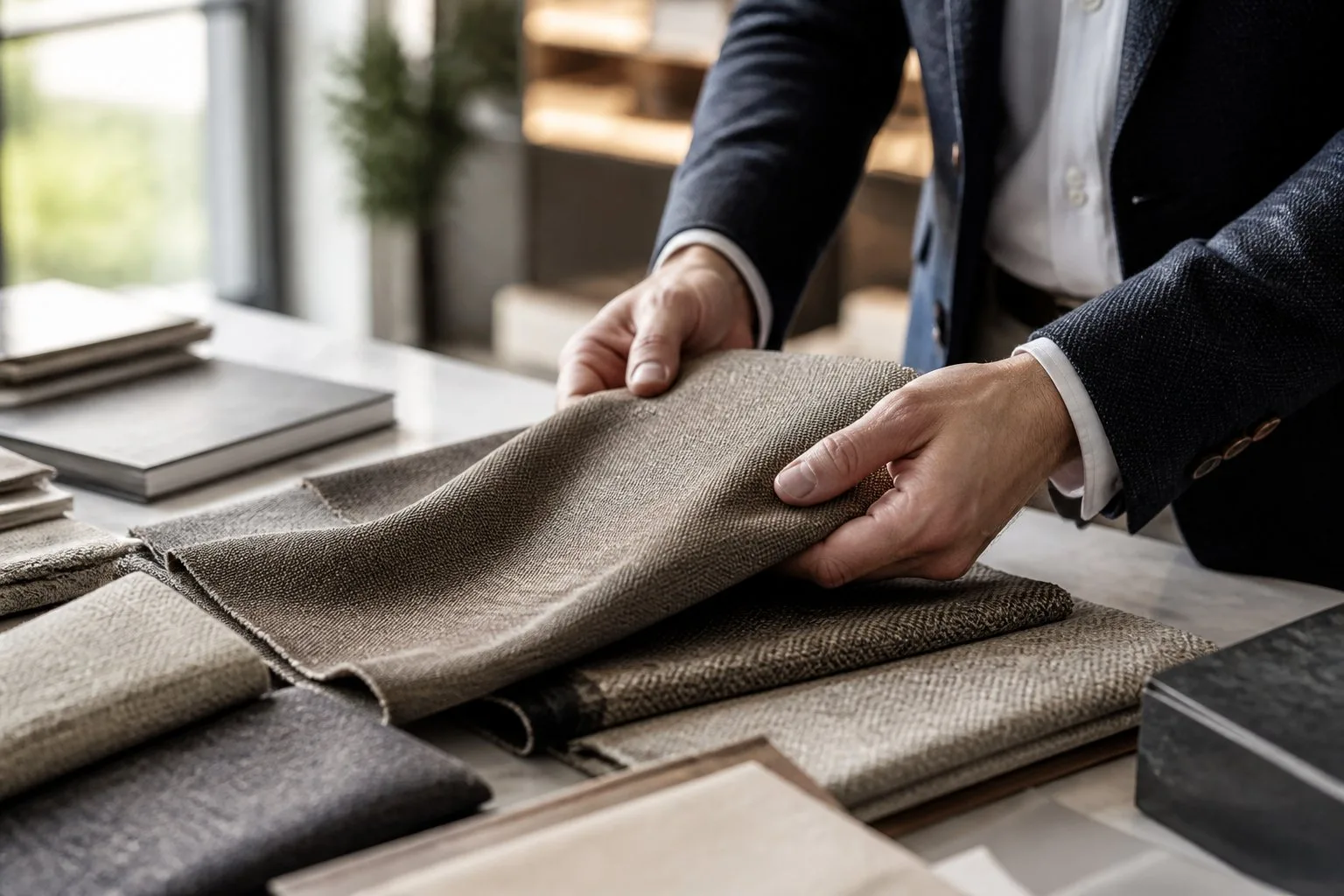 Une personne examine des échantillons de tissus haut de gamme sur une table bien éclairée.
