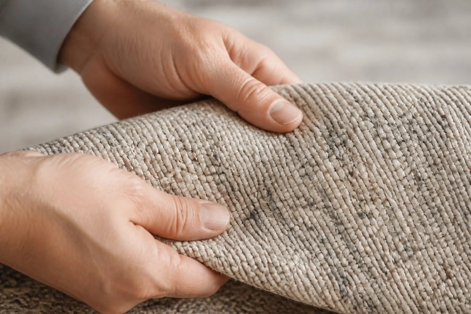 Des mains examinent de près la densité du tissage et la finition d'un tapis.