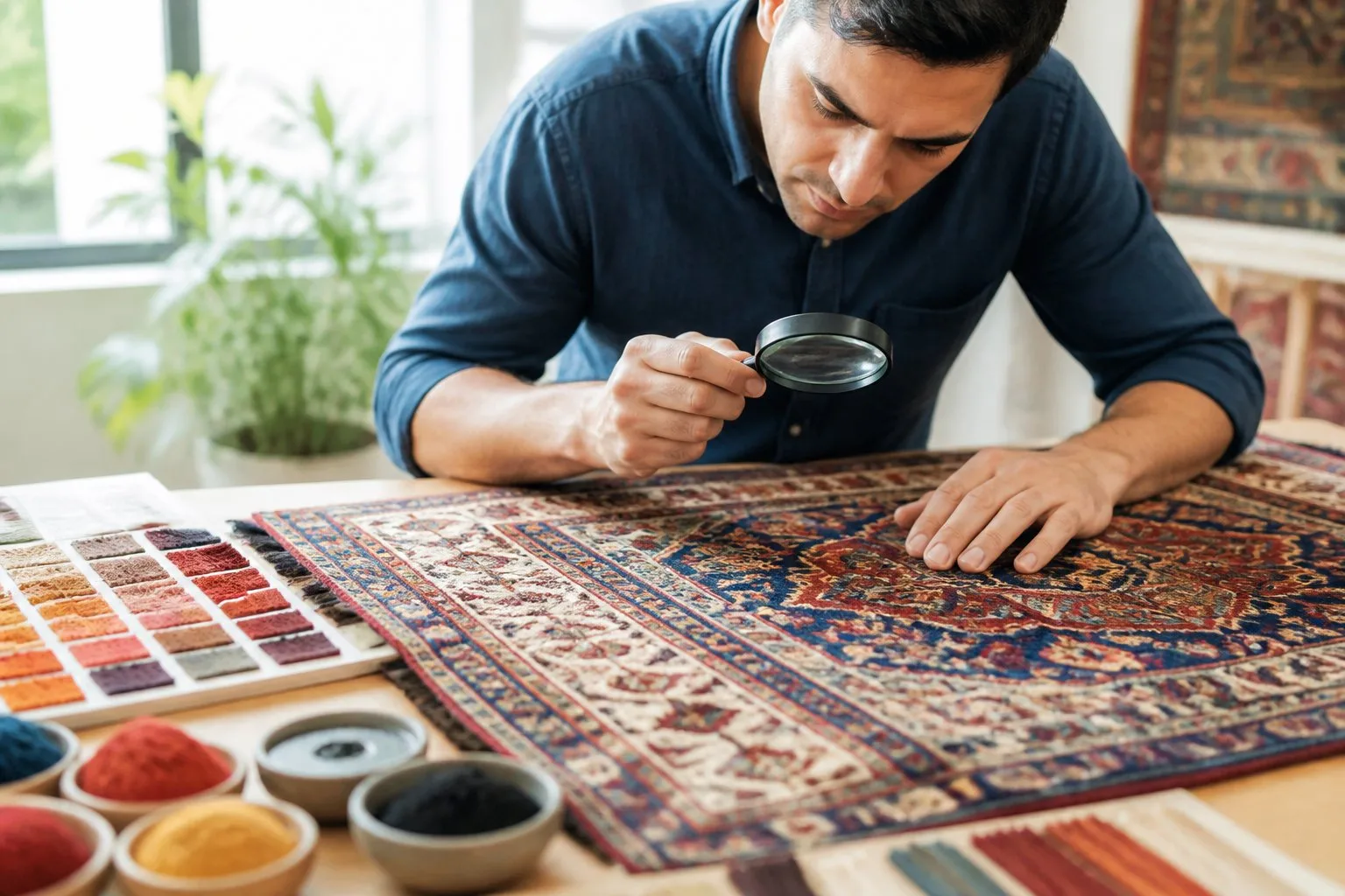 Une personne examine attentivement la couleur et la teinture d'un tapis posé sur une table en bois.